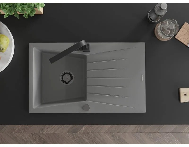 Mexen Cesar, granitový drez 775x470x190 mm, 1-komorový, šedá s čiernym sifónom a čierna drezová batéria Rita, 6514-71-670300-70-B