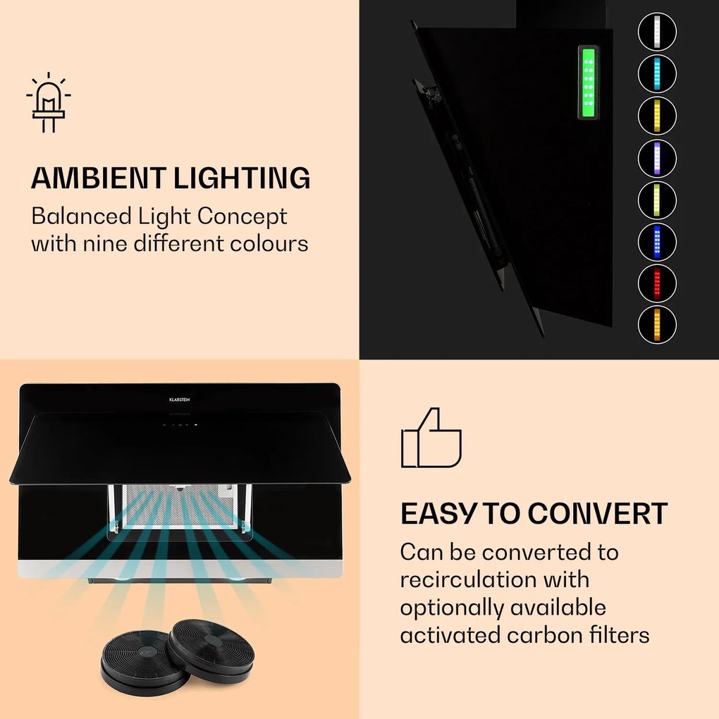 Klarstein Aurora Eco 90, digestor, 90 cm, nástenný, 550 m³/h, A+, dotykové ovládanie, čierny