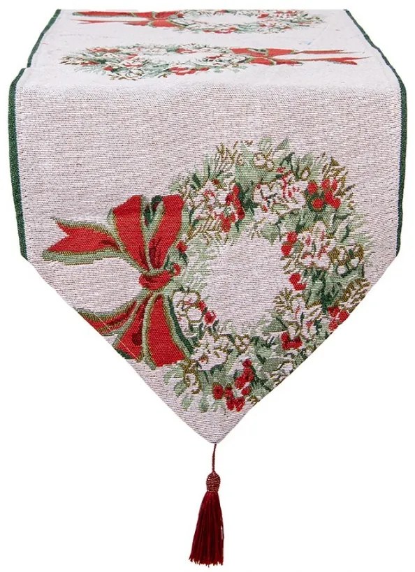 Béžový behúň so strapcom a vianočnými venci Christmas Rustic - 33*180 cm