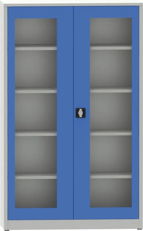 Zváraná policová skriňa s dverami s plexisklom, 1950 x 1200 x 500 mm, sivá/modrá