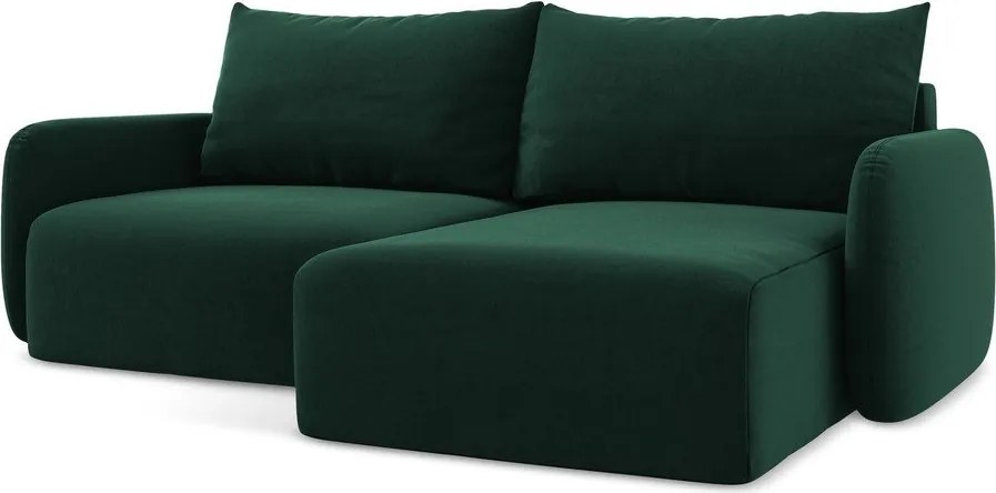 Tmavozelená zamatová rozkladacia/s úložným priestorom rohová pohovka (pravý roh/s leňoškou) Kalena – Makamii