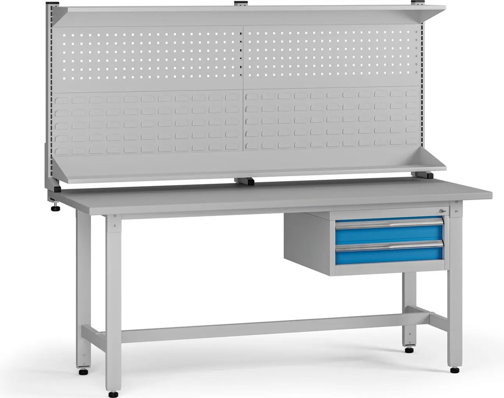 Výškovo nastaviteľný dielenský stôl G5 s nadstavbou, 1800 x 750 x 800-1000 mm, 1x kontajner, 2 zásuvky, modrá