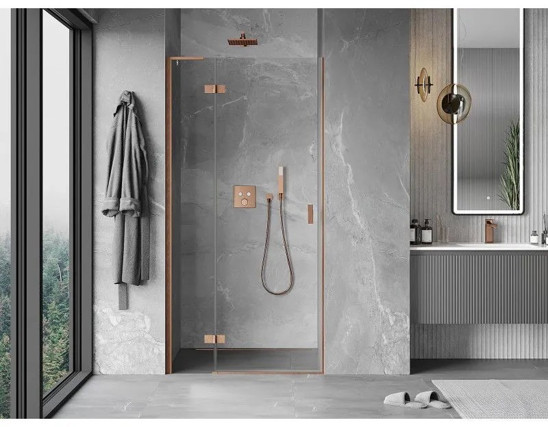 Mexen Mist-H L, 1-krídlové sprchové dvere ľavé 75 cm, číre sklo, medený matný profil, 8A5L-075-000-65-00-L