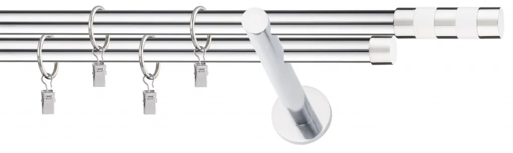 Dekorstudio Chrómová dvojradová garniža biely VALEC 19mm Dĺžka: 140cm, Typ uchytenia: Držiak dvojitý modern, Typ príslušenstva: Krúžky tiché so štipcami