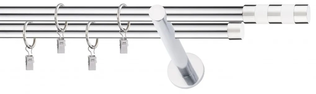 Dekorstudio Chrómová dvojradová garniža biely VALEC 19mm Dĺžka: 320cm, Typ uchytenia: Držiak dvojitý modern, Typ príslušenstva: Krúžky tiché so štipcami