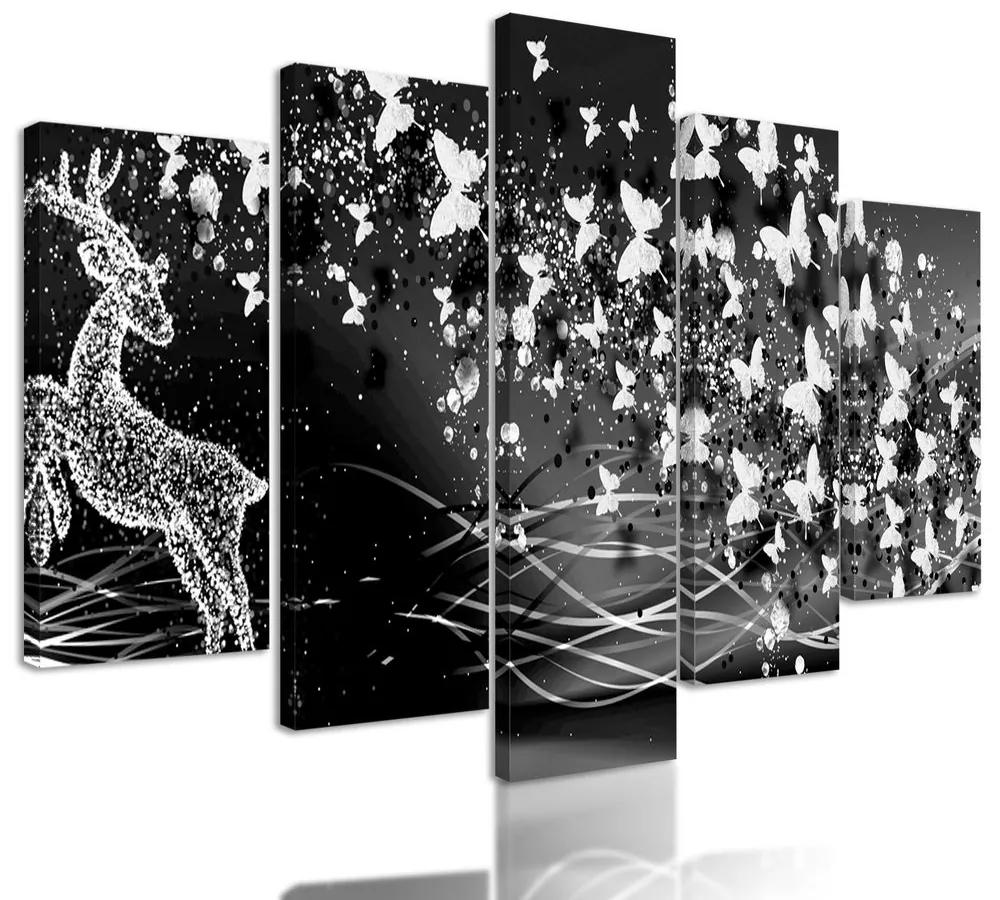 5-dielny obraz abstrakcia vesmírneho Jeleňa v čiernobielom prevedení