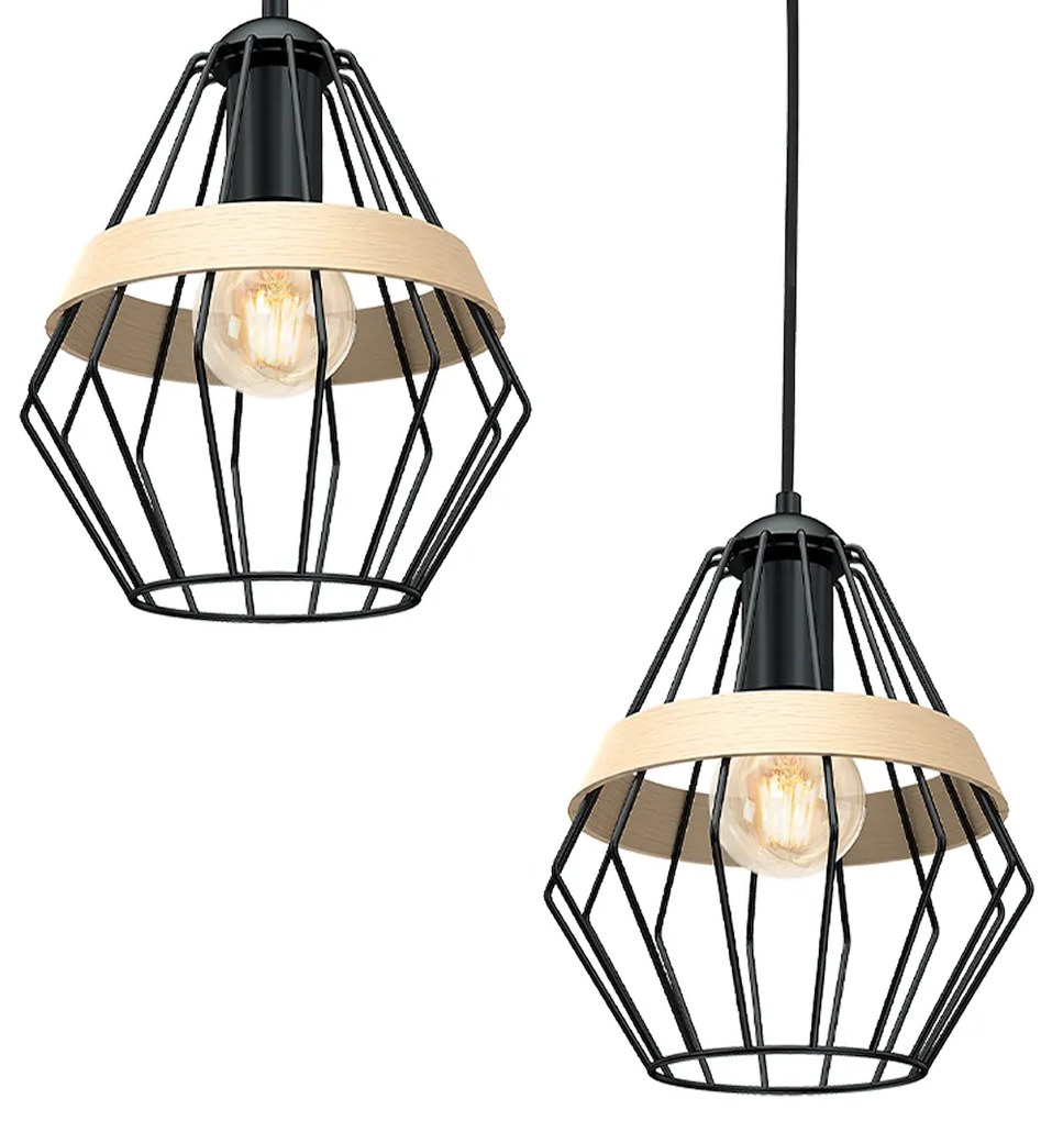 Závesné svietidlo Cliff, 3x drevené/čierne drôtené tienidlo, b