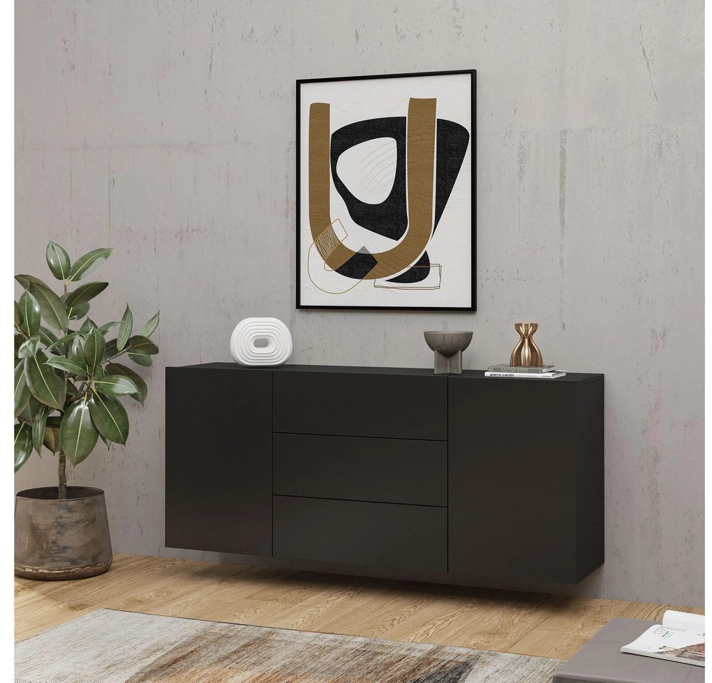 Komoda Avernic Typ 26 (onyx čierna + dub wotan). Akcia -10%. Vlastná spoľahlivá doprava až k Vám domov. 1042066
