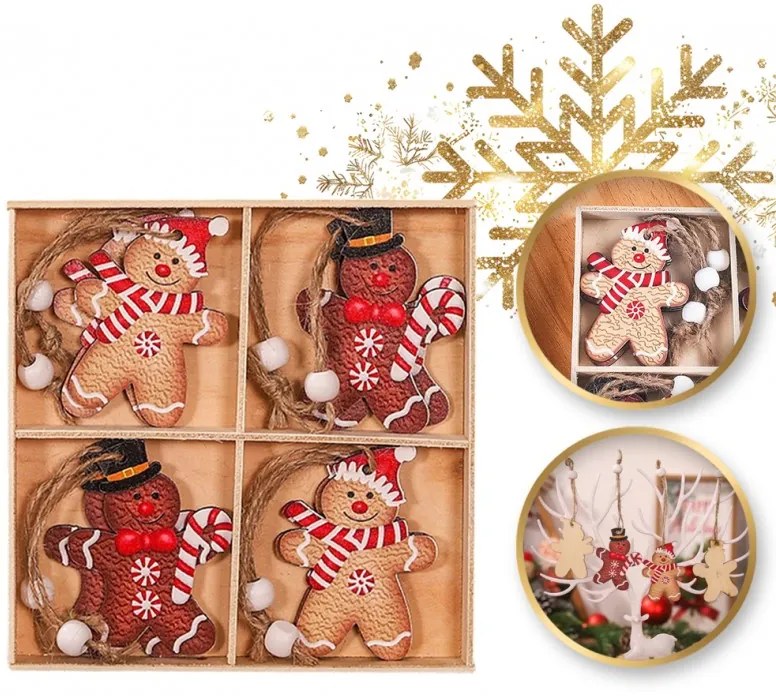 Sada vianočných drevených ozdôb GINGERBREAD, 12 ks