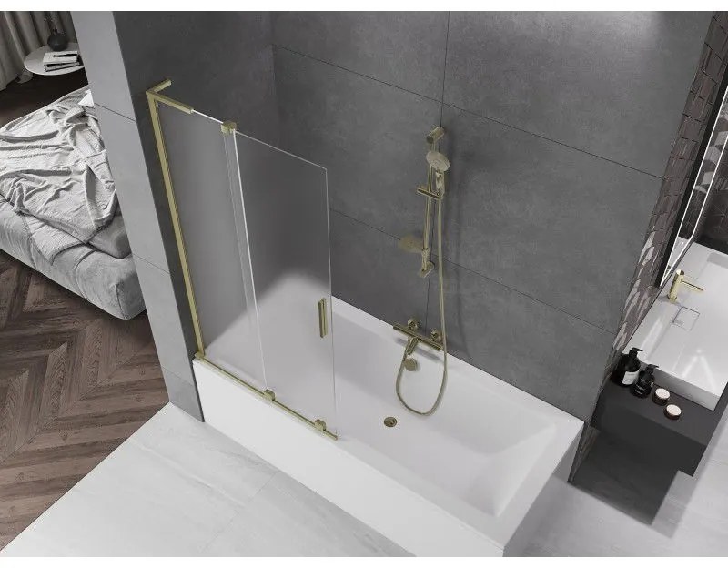 Mexen Velar L, 2-krídlová posuvná vaňová zástena 95 x 150 cm, 8mm sklo námraza, zlatá matná, 896-095-003-31-55