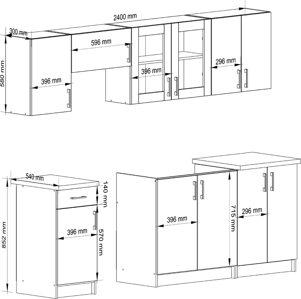 Kuchyňská linka Olivie 2,4 m prosklená bílá/dub sonoma