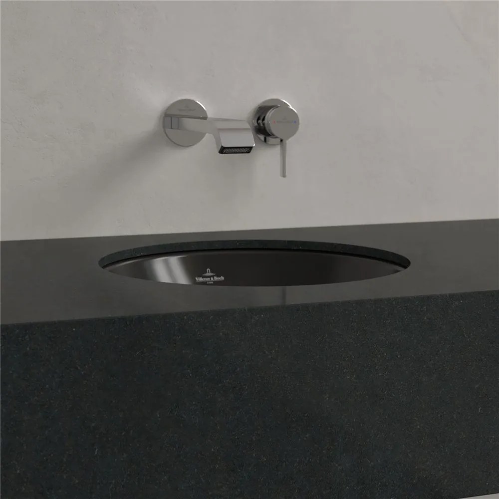 VILLEROY &amp; BOCH Loop &amp; Friends okrúhle umývadlo k zabudovaniu zospodu, bez otvoru, s prepadom, priemer 330 mm, Ebony, s povrchom CeramicPlus, 4A5100S5