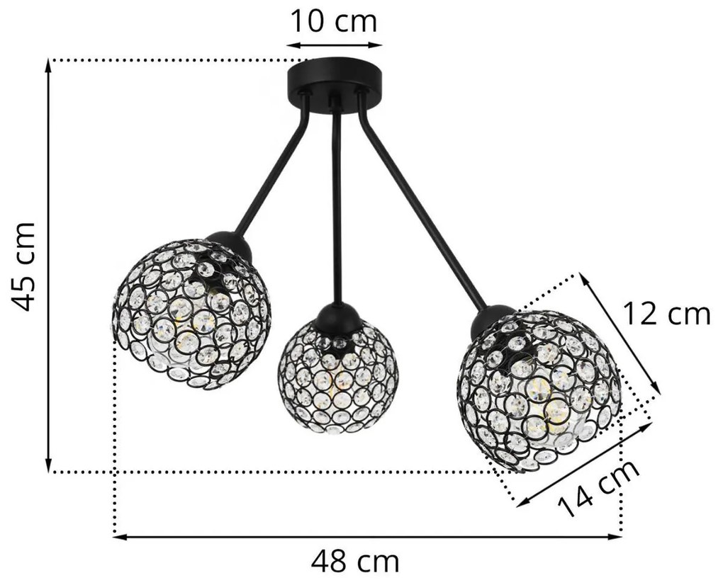 Stropné svietidlo CRYSTAL TRIO, 3x čierne krištáľové tienidlo