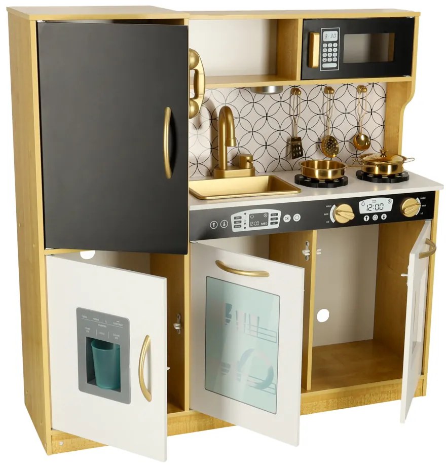 KIK Detská drevená kuchynka so svetlom a zvukom, chladnička, zlatá, 3+
