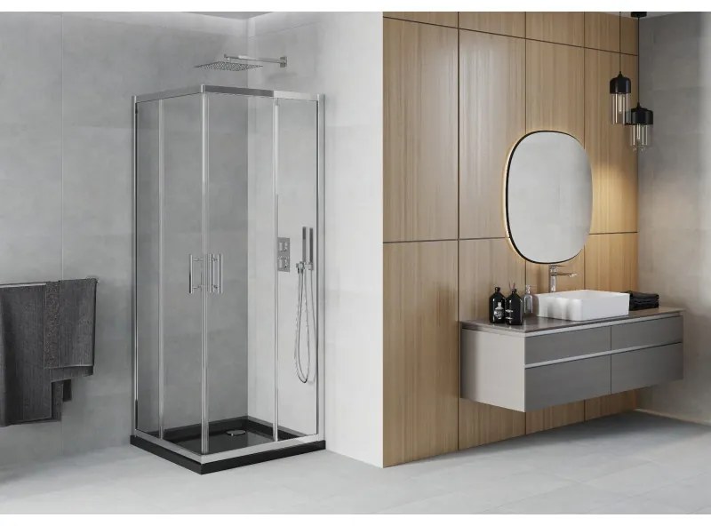 Mexen Rio, štvorcový sprchovací kút s posuvnými dverami 70(dvere) x 70(dvere) x 190 cm, 6mm číre sklo, chrómový profil + čierna sprchová vanička SLIM, 860-070-070-01-00-4070