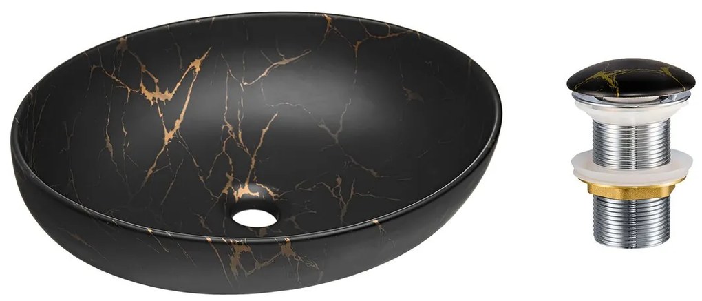 Súprava keramického umývadla na dosku a výpuste MONA čierna/hnedý mramor