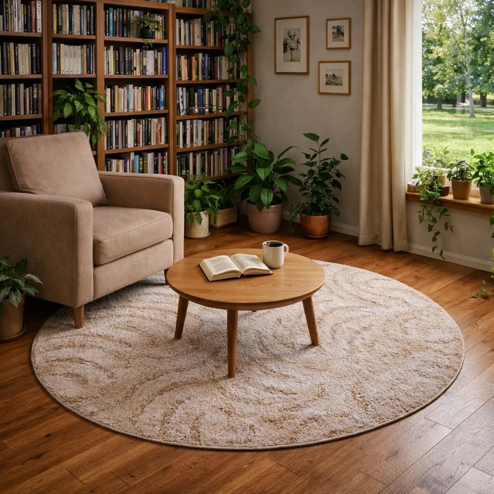 Kusový koberec Scroll béžový kruh, 200x200 (priemer) kruh, béžová, obývacia izba, AladinWorld Expres