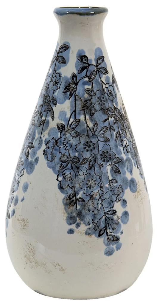 Béžová dekoračná váza s modrými kvetmi - Ø 11*21 cm