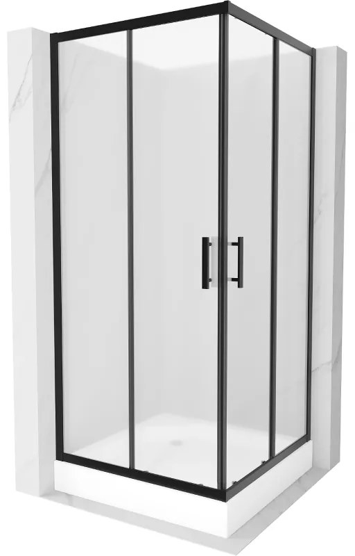 Mexen Rio, štvorcový sprchovací kút s posuvnými dverami 90(dvere) x 90(dvere) x 190 cm, 6mm sklo námraza, čierny profil + biela sprchová vanička RIO, 860-090-090-70-30-4510