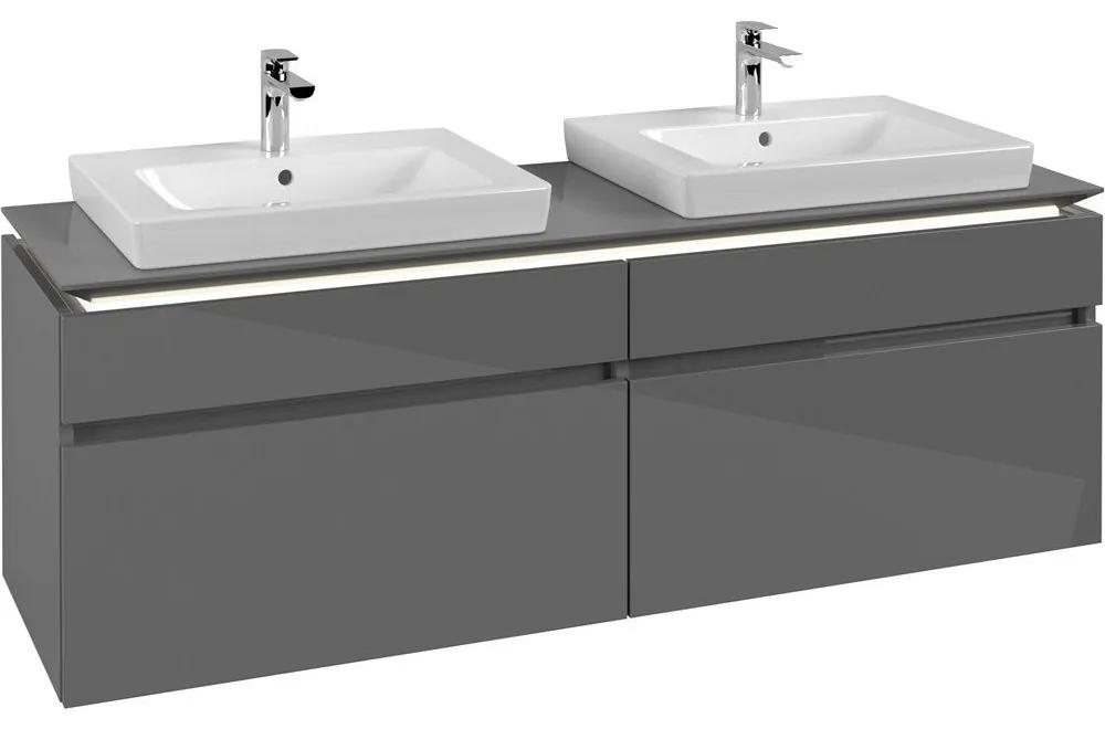 VILLEROY &amp; BOCH Legato závesná skrinka pod dve umývadlá, 4 zásuvky, s LED osvetlením, 1600 x 500 x 550 mm, Glossy Grey, B693L0FP