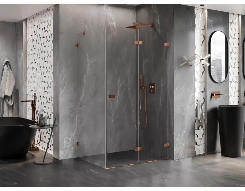 Mexen Lunar-F, 1-krídlový sprchový kút so skladacími dverami, pravý, 75 x 70 cm, 8mm číre sklo, ružové zlato profil, 836-075-070-60-00-P