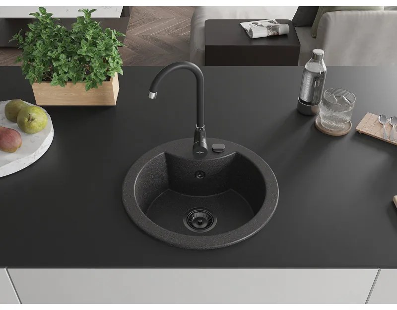 Mexen Diego, 1-komorový granitový drez 488x488x167 mm, čierny sifón, čierna matná batéria Telma, čierna škvrnitá, 6512-76-670200-70-B