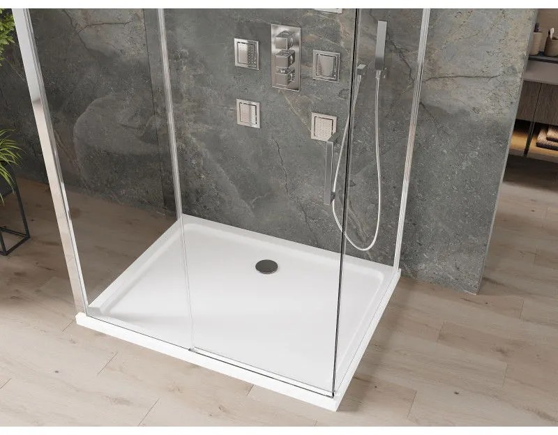 Mexen Omega, 3-stenový sprchovací kút s posuvnými dverami 120 (dvere) x 100 (stena) x 190 cm, 8mm číre sklo, chrómový profil + biela sprchová vanička SLIM, 825-120-100-01-00-3S-4010