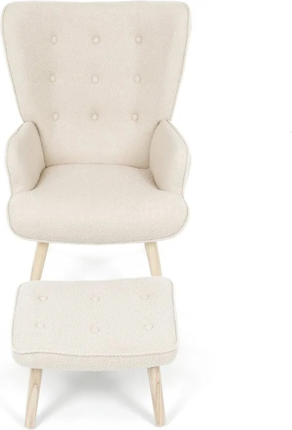 Relaxačné kreslo ušiak ROMEO II + taburet — masívne drevo, látka bouclé, prírodná / krémová