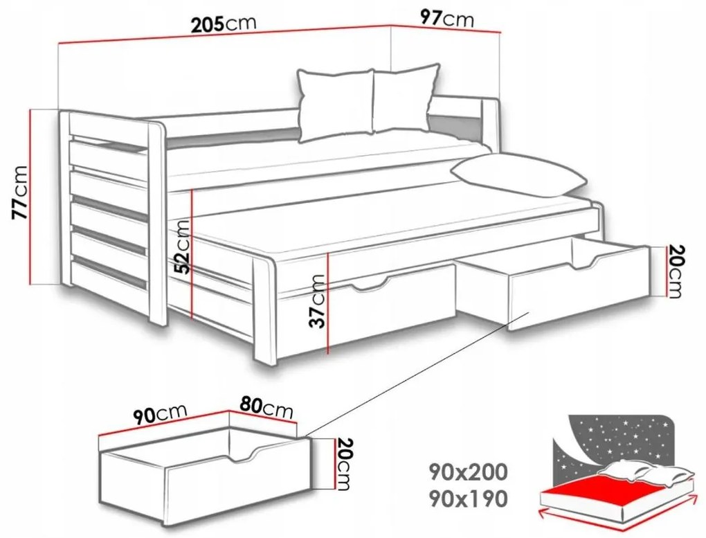 Detská posteľ z masívu borovice TOMÁŠ s prístelkou a šuplíkmi - 200x90 cm - prírodná borovice