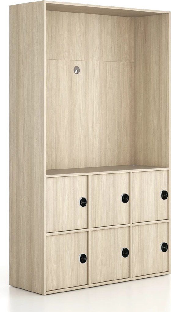 Kancelárska skriňa FRAME, 6x dvere, priestor pre TV, 1299 x 450 x 2162 mm, RFID zámok, dub prírodný