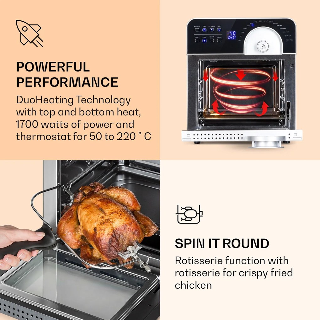 Klarstein AeroVital Cube Chef, teplovzdušná fritéza, 1700 W, 14 l, 16 programov, horný a spodný ohrev