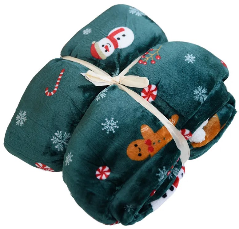 Vianočná tmavozelená baránková deka z mikroplyšu SNOWMAN AND GINGERBREAD Rozmer: 200 x 220 cm