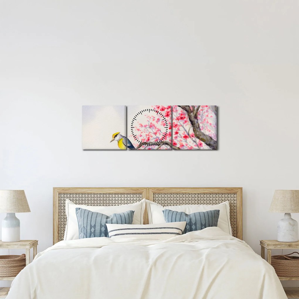 Obraz - Vtáčik na strome s červenými kvetmi (s hodinami) (90x30 cm)