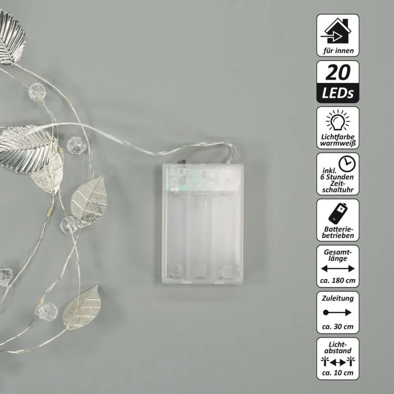 Osvetlenie perly a strieborné listy, 20 LED, teplá biela