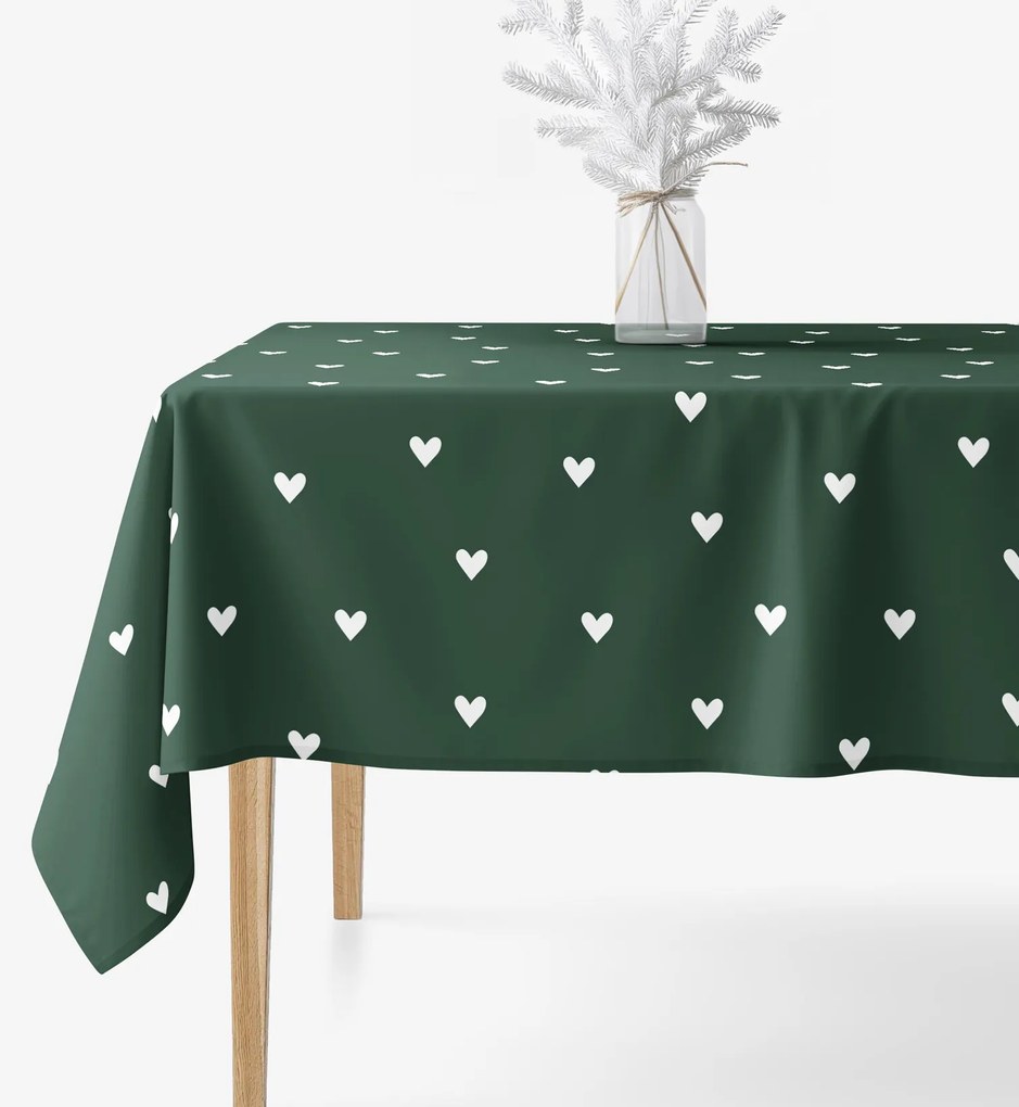 Goldea hranatý obrus 100% bavlnené plátno - srdiečka na tmavo zelenom 120 x 160 cm