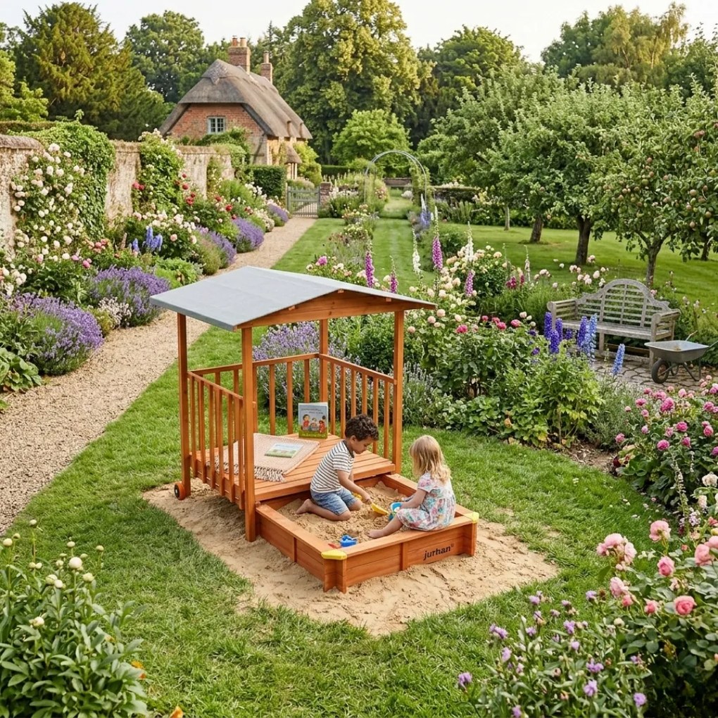 Pieskovisko s verandou SUNNY, 130x130x143cm, hnedá/šedá Jurhan