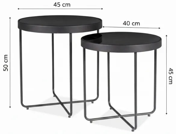 Odkladacie stolíky ATENA GLASS sada 2 ks Ø 40/45 cm, čierne
