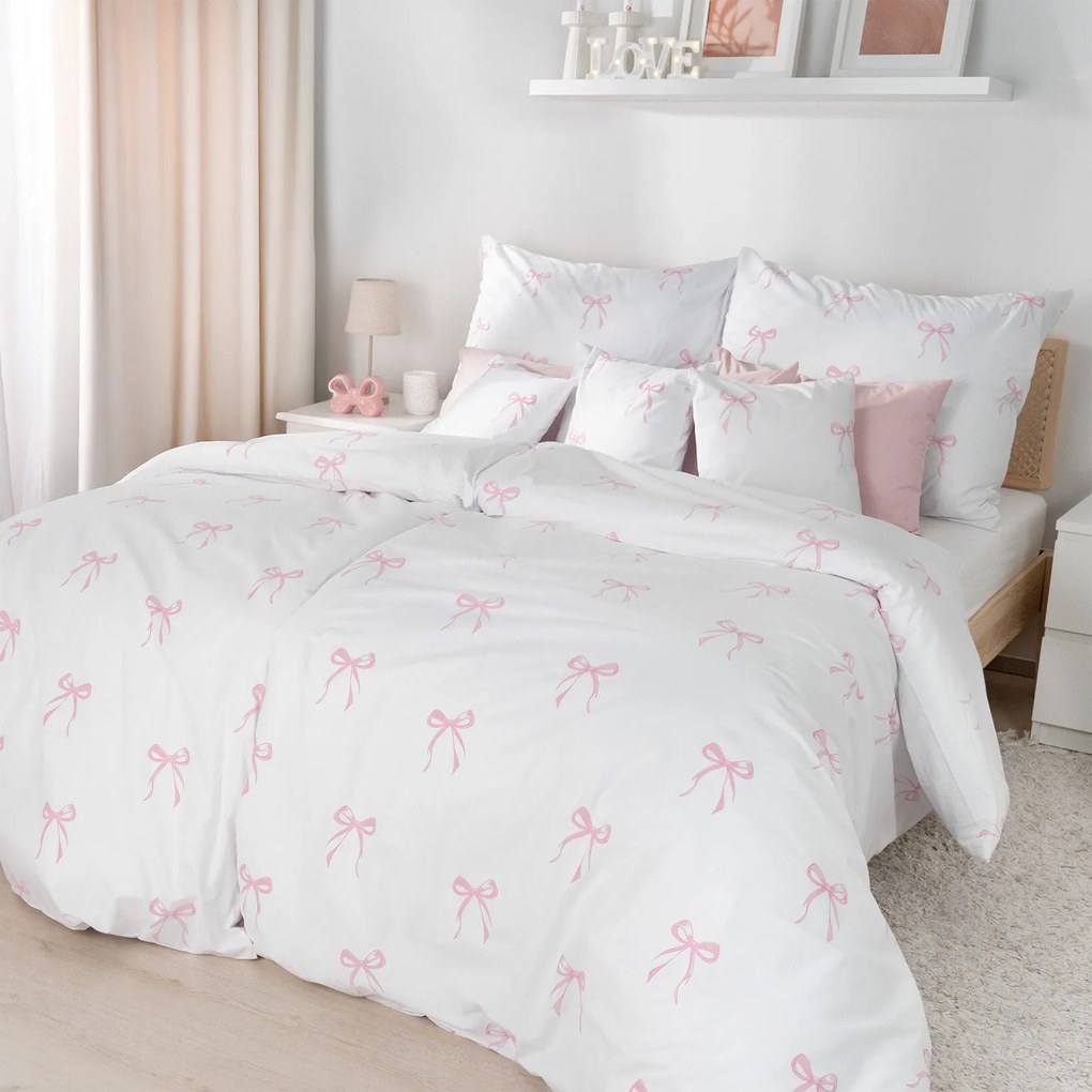 Goldea bavlnené posteľné obliečky - ružové mašličky 140 x 200 a 70 x 90 cm