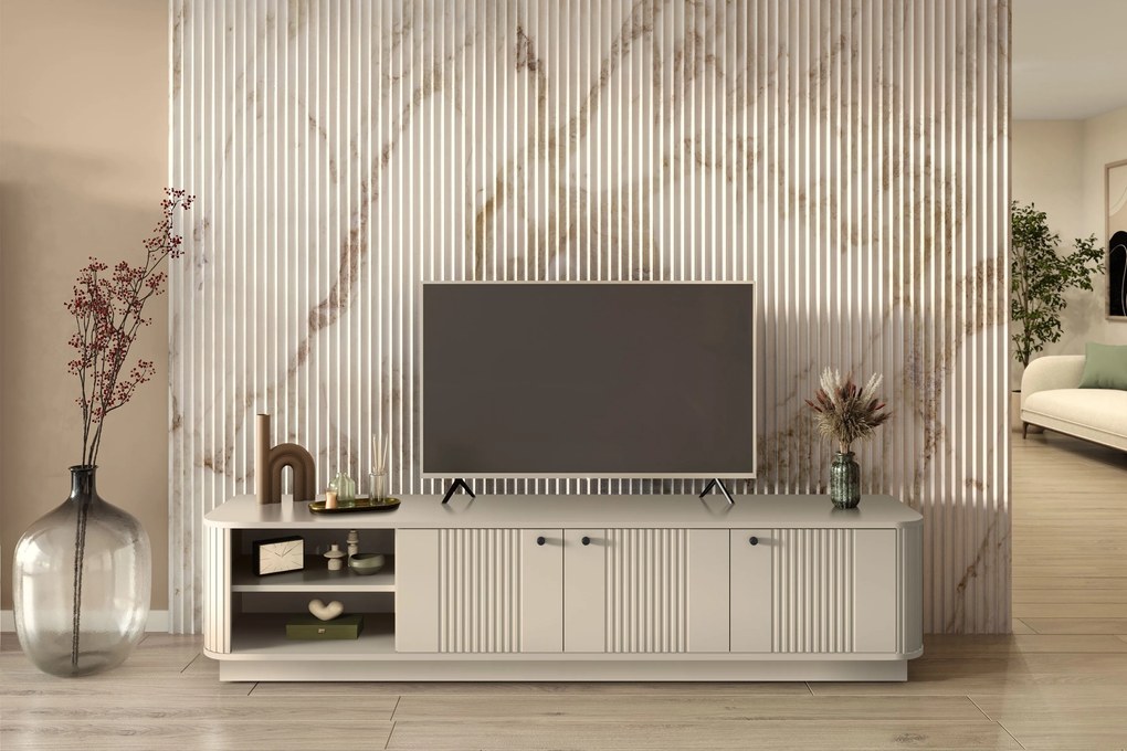 TV skrinka Vesper 3D 187 cm na sokli - kašmír / čierne úchytky
