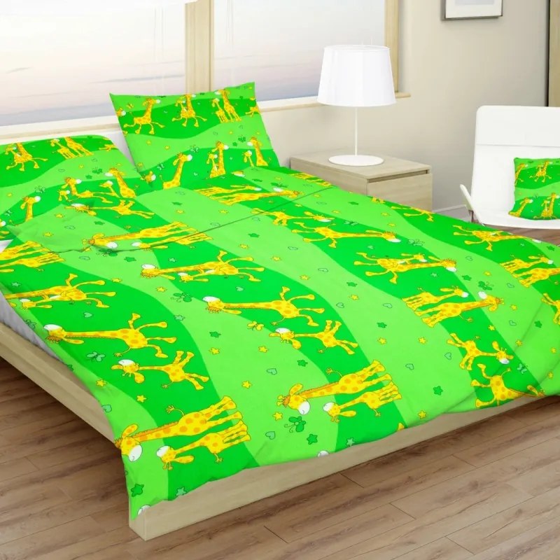 Obliečky bavlnené detské Žirafky zelené TiaHome - 1x Vankúš 90x70cm, 1x Paplón 140x200cm