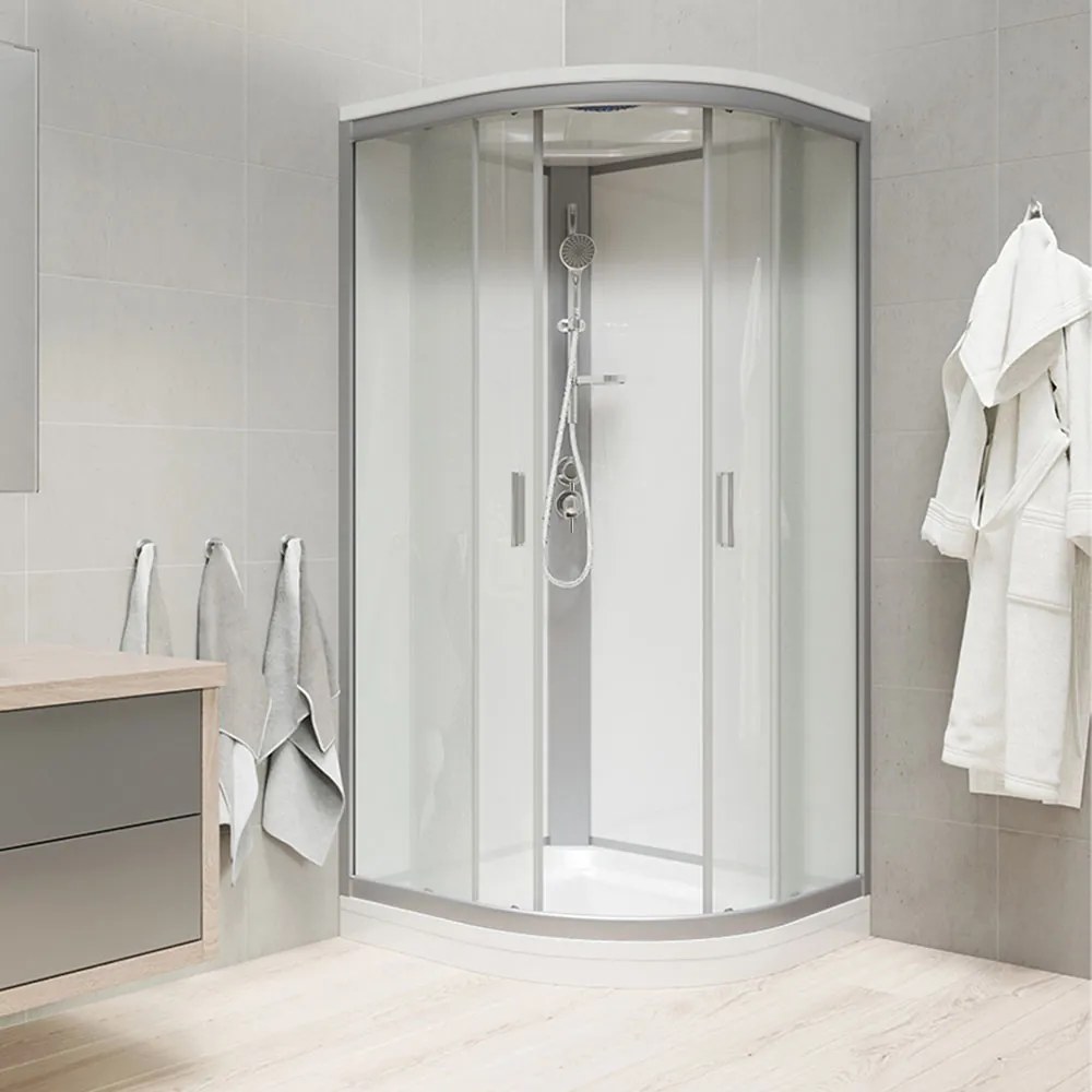 Mereo Mereo, Sprchový box, štvrťkruh, so strieškou, s vaničkou, satin ALU, sklo Point, zadne steny biele, MER-CK35172KMSW