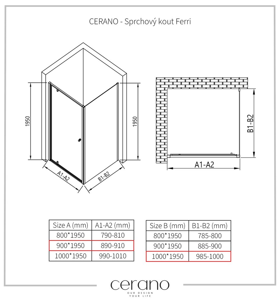 Cerano Ferri, krídlový sprchovací kút 90(dvere) x 100(stena) x 195 cm, 6mm číre sklo, chrómový profil, CER-CER-427459