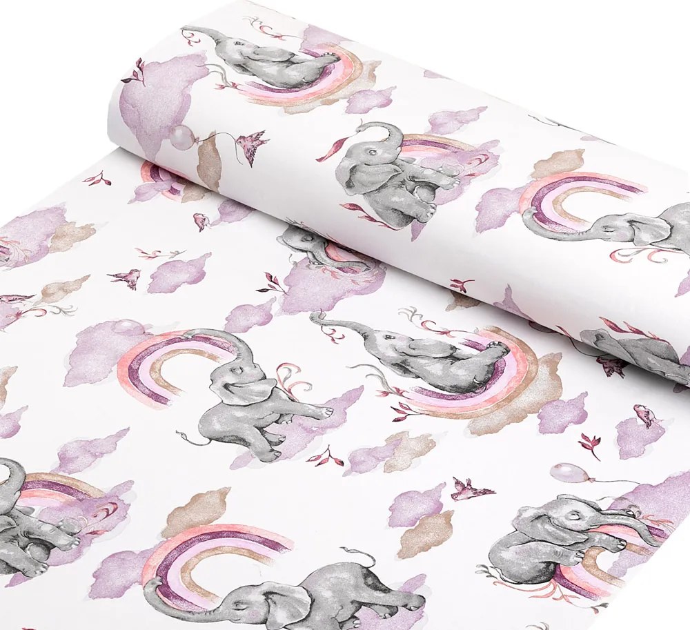 Detská bavlnená látka/plátno Sandra SA-464 Slony s fialovou dúhou na bielom - šírka 160 cm