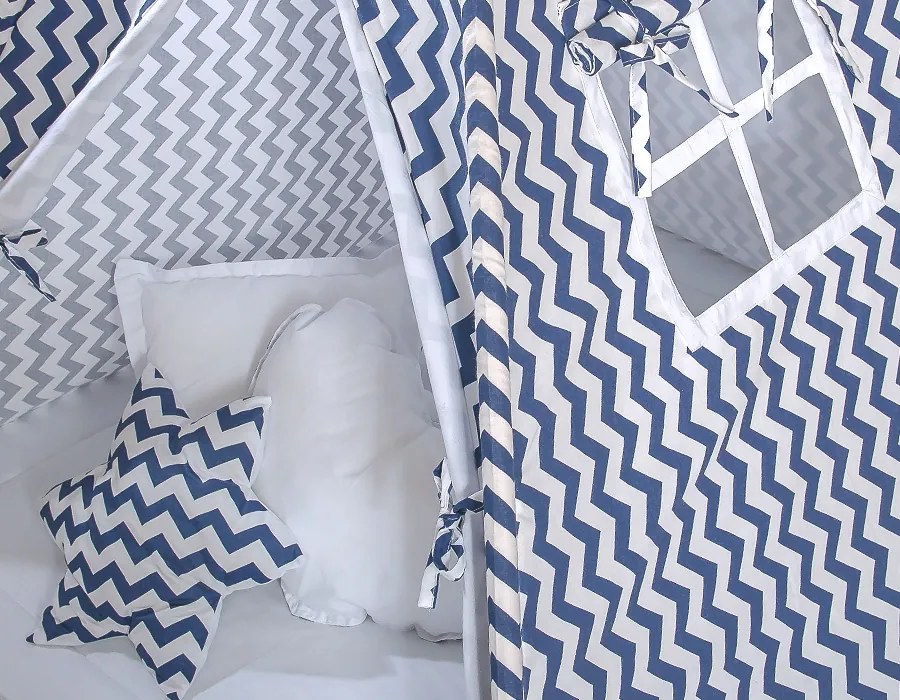 Bobono Stan Teepee pre deti + ozdobné perie - Chevron námornícka modrá