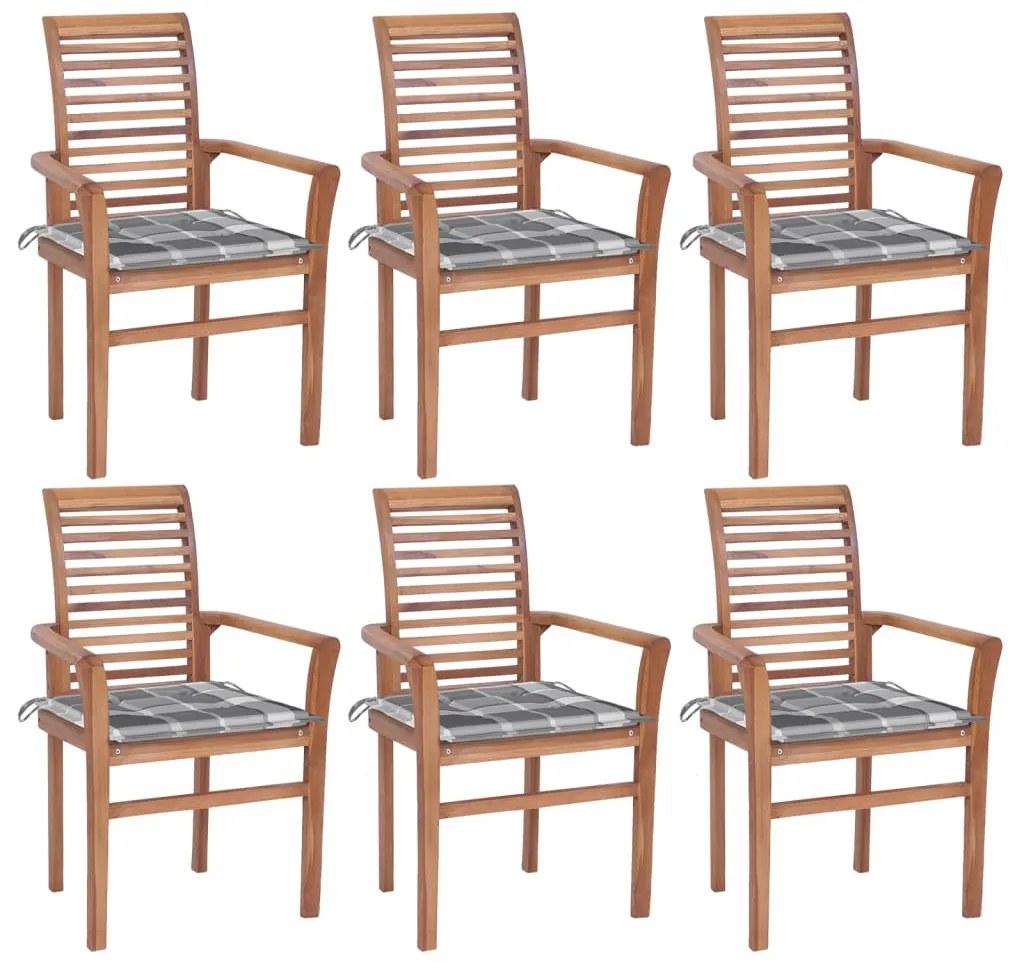 Jedálenské stoličky 6 ks sivé kockové podložky tíkový masív 3072960