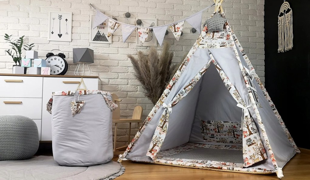 Detský stan TEEPEE (TÍPÍ) LUXURY s doplnkami - LES - sivý