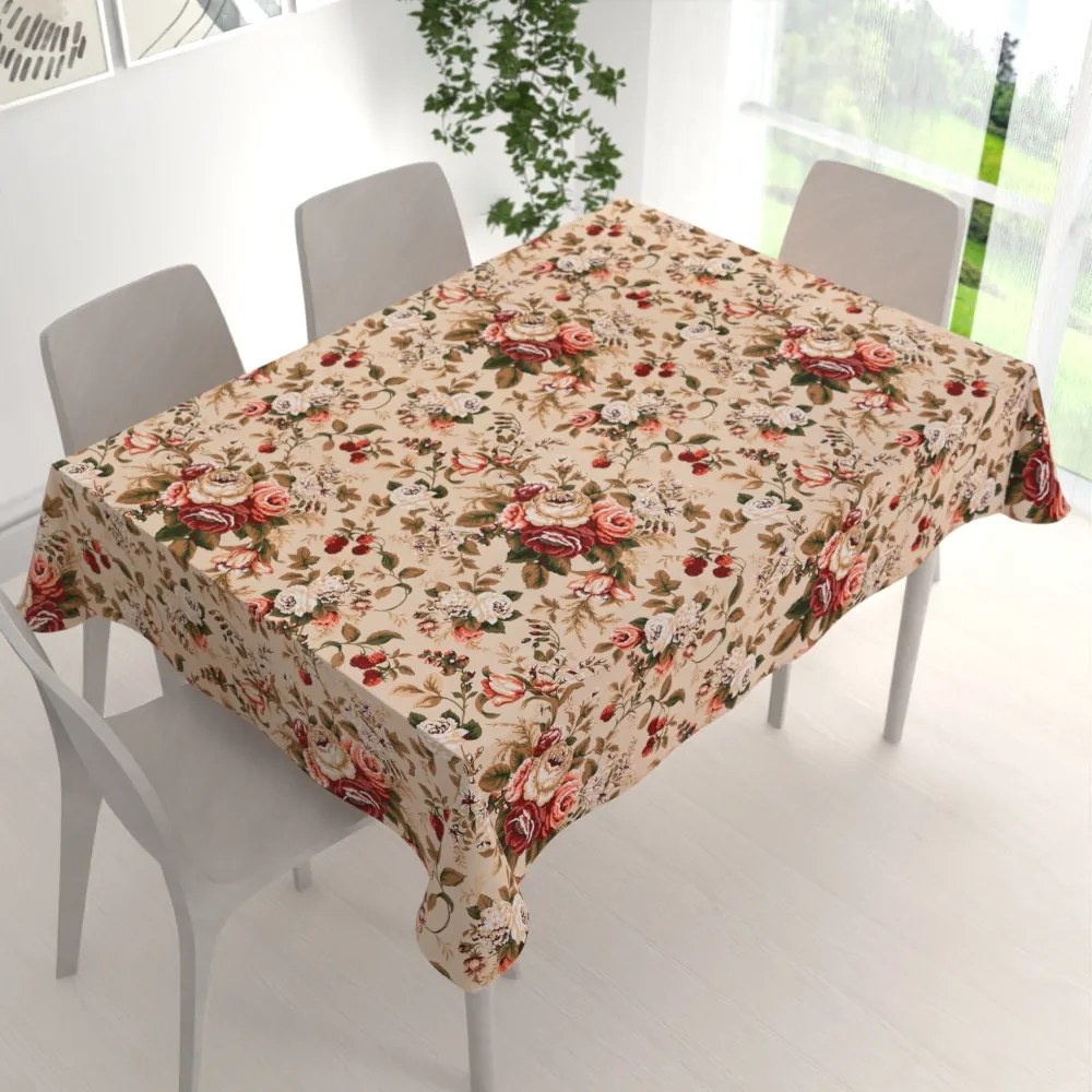 Biante Bavlnený obdĺžnikový obrus Sandra SA-607 Červené ruže na béžovom 120x180 cm