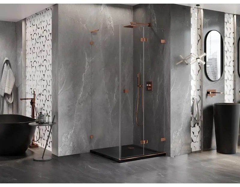 Mexen Lunar-F L, 1-krídlový sprchový kút so skladacími dverami, pravý, 80 x 80 cm, 8mm číre sklo, ružové zlato profil, 836L-080-080-60-00-P