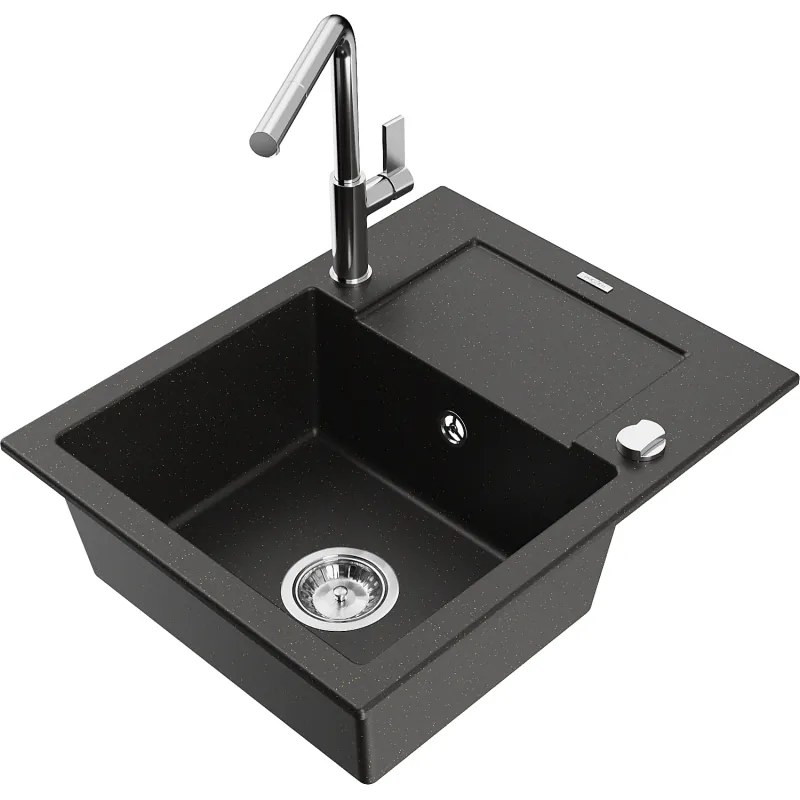 Mexen Enzo, 1-komorový granitový drez 576x465x174 mm a drezová batéria Flora, čierna-zlatá metalíza, 6506-75-670401-00