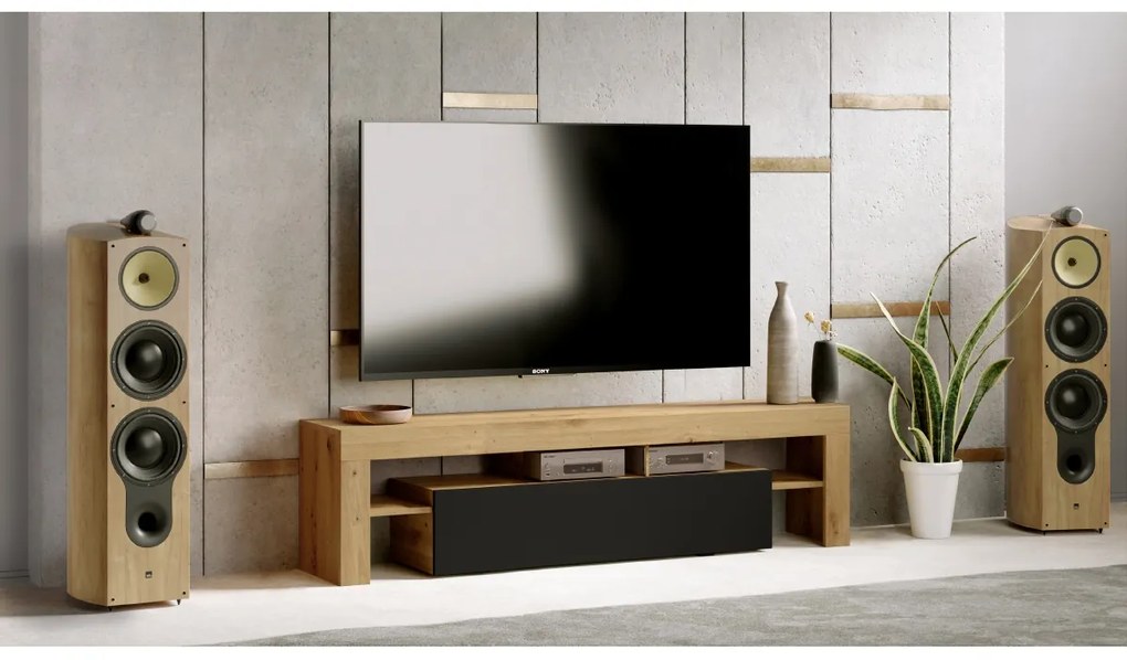 moderná TV stolík Vera 138 cm - Dub artisan/Čierny mat